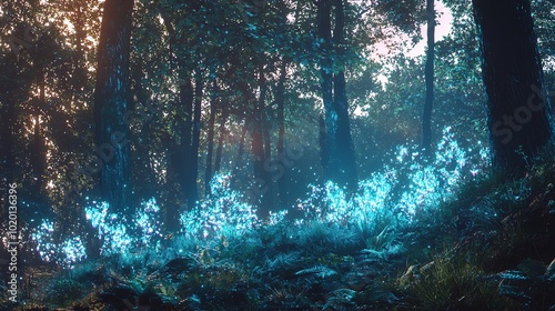 Fusion of modern technology and nature, glowing holographic plants in a forest photo