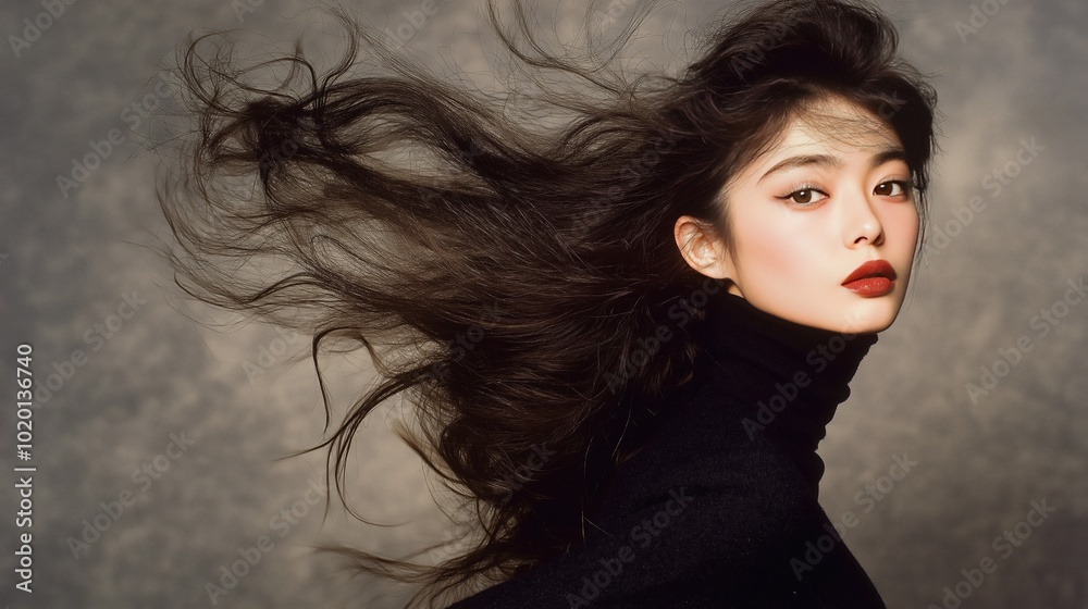 Young Asian woman with long black hair and soft expression posing against beige background. Modern beauty standards, fashion photography trends, minimalistic portrait. Young Asian woman with long black hair and soft expression posing against beige background. Modern beauty standards, fashion photography trends, minimalistic portrait.