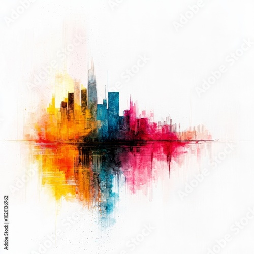 Watercolor painting of a cityscape reflected in water with the reflections melting and distorting, on isolated white background