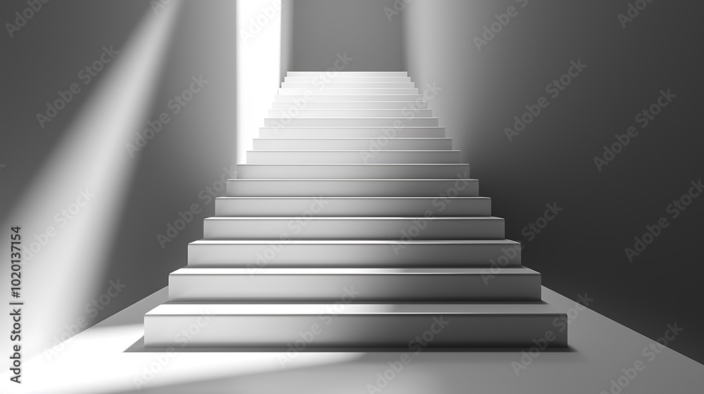 Obraz premium A minimalist image of a white staircase bathed in a beam of light, symbolizing the path to achievement and the bright future that awaits at the top. 