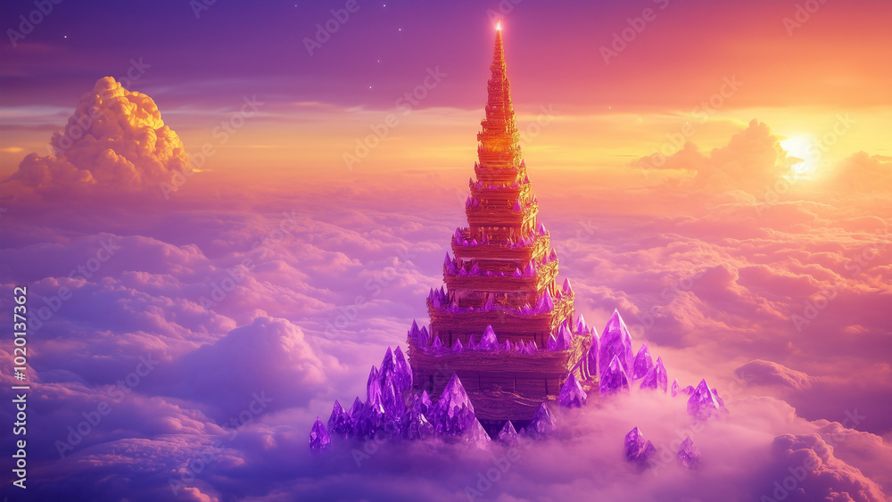 A majestic golden pagoda with amethyst crystals A majestic golden pagoda with amethyst crystals