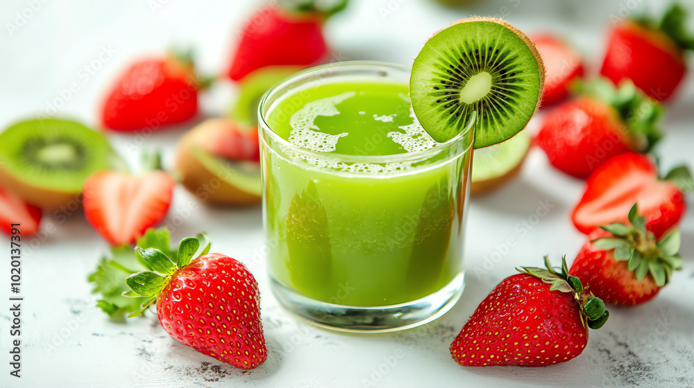 Fresh kiwi and strawberry juice in a glass, surrounded by strawberries and kiwi slices, vibrant colors, perfect for health and refreshment. Fresh kiwi and strawberry juice in a glass, surrounded by strawberries and kiwi slices, vibrant colors, perfect for health and refreshment.
