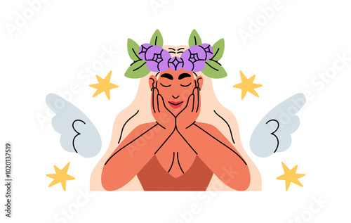 Sensual young woman with floral wreath. Happy girl with flowers,leaves on head love herself, self care. Fairy of nature with wings and sparks. Flat isolated vector illustration on white background
