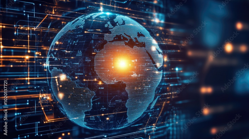 Obraz premium Futuristic digital globe with Africa illuminated. Data streams flow around, with tech symbols surrounding it on a dark, glowing background.