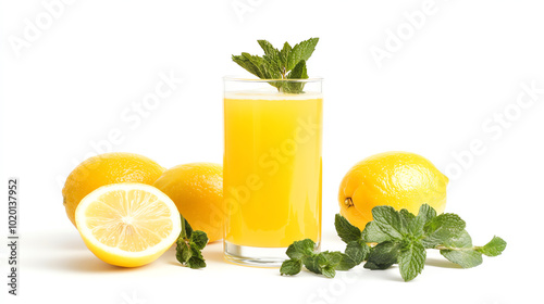 Fresh lemonade served in a glass with mint leaves, surrounded by whole and sliced lemons, on a white isolated background.