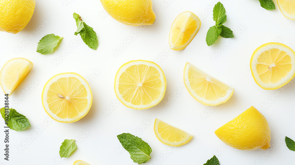 Fresh lemons and mint leaves arranged neatly on a white background, showcasing vibrant colors and textures, perfect for culinary inspiration. Fresh lemons and mint leaves arranged neatly on a white background, showcasing vibrant colors and textures, perfect for culinary inspiration.