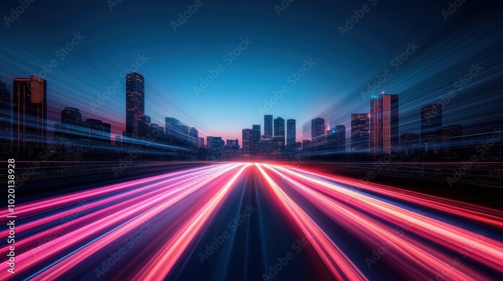 A photo of a city with its traffic infrastructure illuminated at night, showcasing the city vibrant energy.