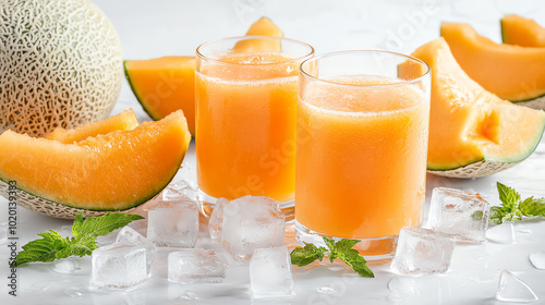 Obraz na płótnie Fresh melon juice served in glasses, surrounded by juicy melon slices and ice cubes, on a bright white background. w salonie