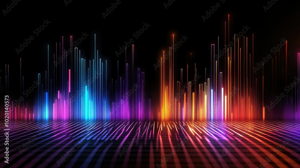 Graph with blue, purple, and orange lines trending upward, glowing against a deep black background Graph with blue, purple, and orange lines trending upward, glowing against a deep black background