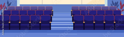 Cinema theater seats empty auditorium interior illustration. Rows of blue and red chairs with central aisle and plants in the background. Suitable for website design banner template