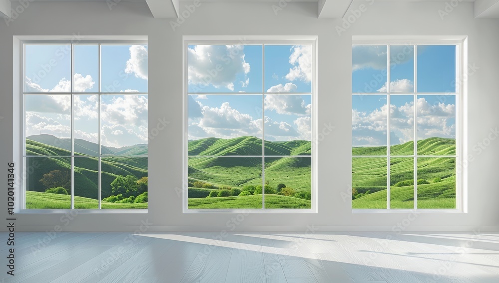 Naklejka premium Green, grassy hills, a blue sky with white clouds - a perfect desktop wallpaper for Windows XP. Nature backdrop, summer vibe, looking out from inside