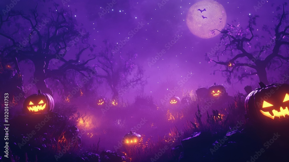 Halloween landscape with pumpkins, spooky tree silhouettes, and glowing lights. Purple sky with a moonlit effect for a mysterious vibe. Halloween landscape with pumpkins, spooky tree silhouettes, and glowing lights. Purple sky with a moonlit effect for a mysterious vibe.