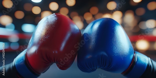 Close-up of two boxing gloves facing each other, ready for a fight. photo