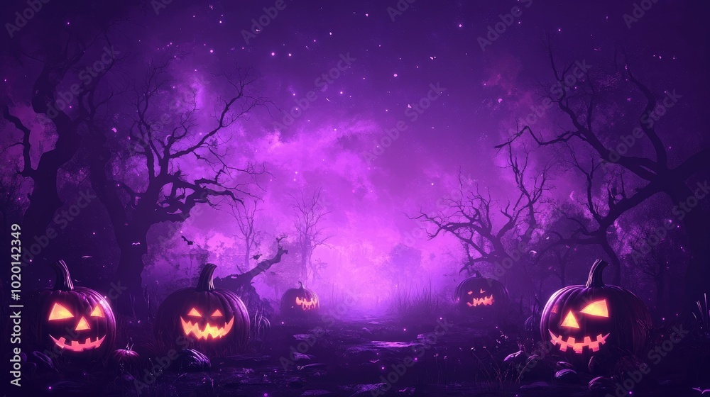 Halloween scene with glowing pumpkins, spooky trees, and flickering lights under a purple night sky. Eerie atmosphere with a magical feel.