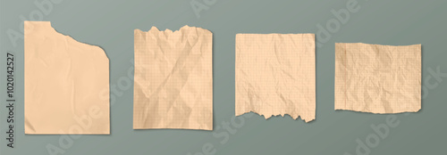 Brown old torn paper sheet. Crumpled poster with crease effect. Vintage rough page for note. Realistic grunge wrinkled material piece cutout from notebook. Abstract school diary checkered document pad