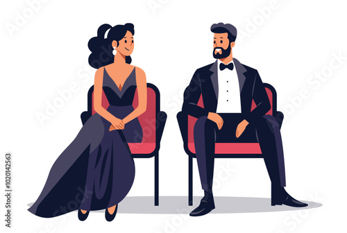 Elegant couple at theater event dressed formally sitting in red chairs woman in evening gown man in tuxedo isolated on white background