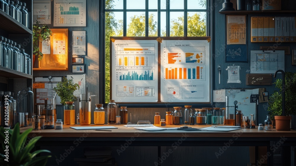 A workspace with charts, plants, and organized materials. A workspace with charts, plants, and organized materials.