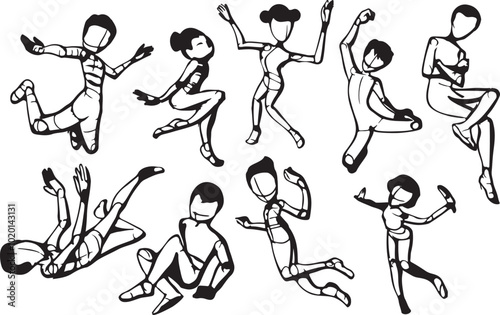 A collection of cartoon-style anatomy poses depicted in sleek black silhouettes, showcasing dynamic human body positions, gestures, and movements