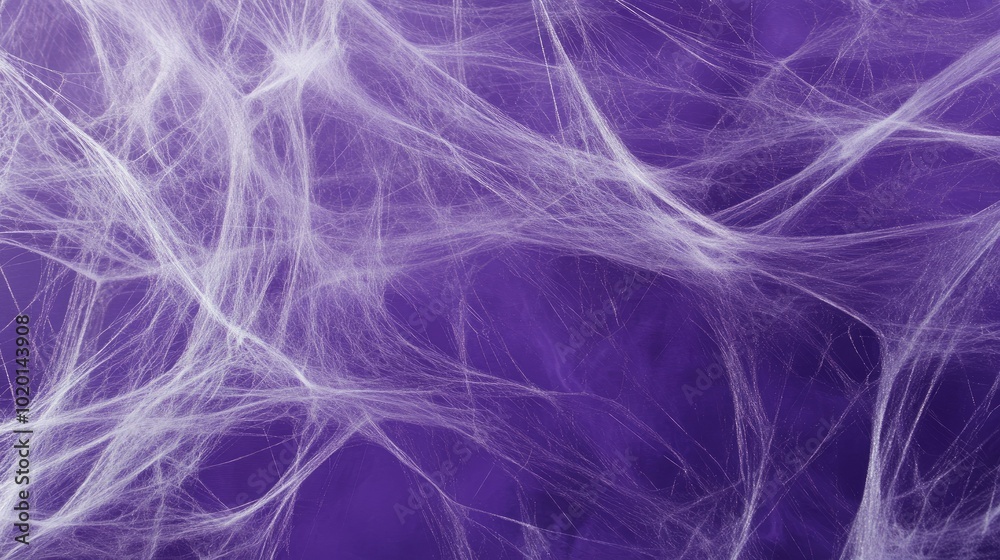 Halloween-themed purple background with fine white spider webs spread across, creating a spooky and decorative effect Halloween-themed purple background with fine white spider webs spread across, creating a spooky and decorative effect