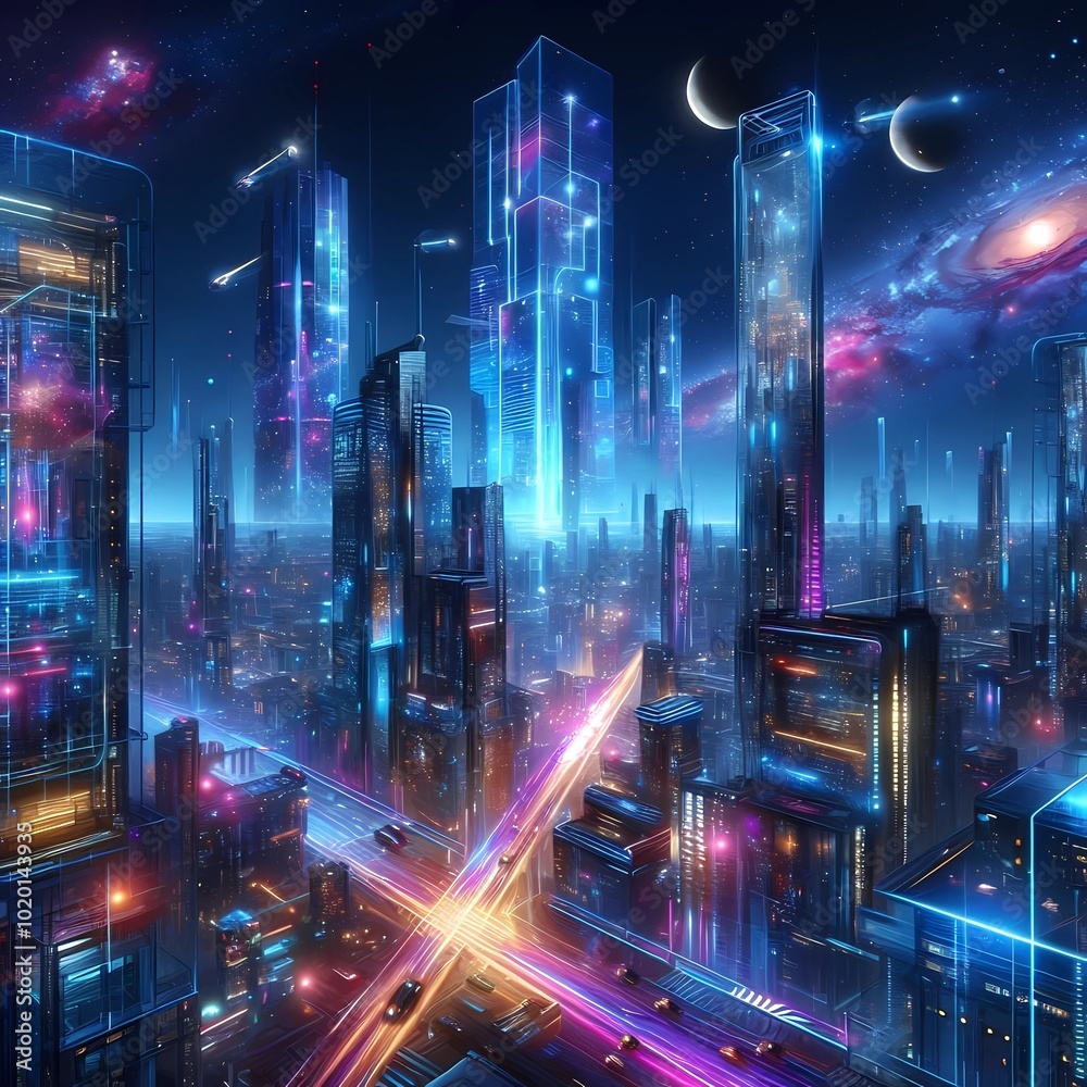 panoramic view of a futuristic city in the night full of modern buildings, lights and planets in the sky. digital art
panoramic view of a futuristic city in the night full of modern buildings, lights and planets in the sky. digital art