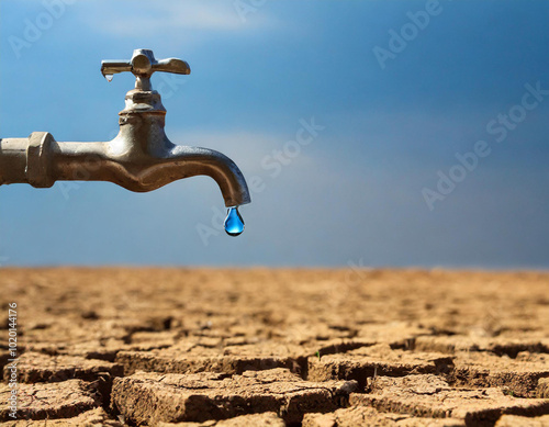 Un grifo con una gota de agua cayendo en la tierra seca, simbolo de sequia mundial o cambio climatico photo