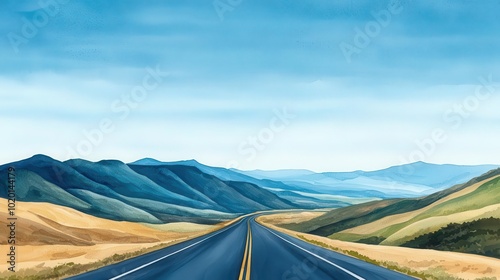 A scenic view of an open road stretching towards distant mountains under a dramatic blue sky, surrounded by golden grasses and rolling hills, evoking a sense of freedom and adventu photo