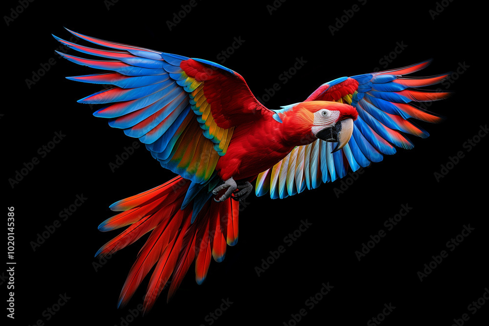 Obraz premium colorful flying parrot on black background