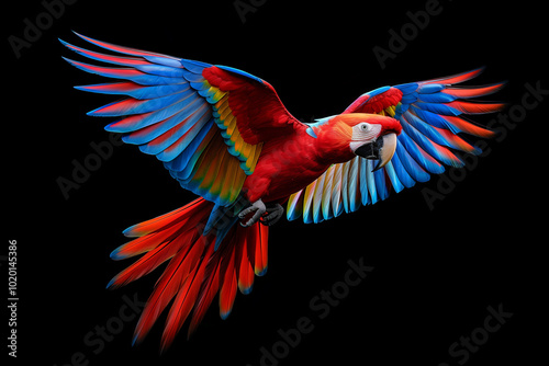 colorful flying parrot on black background