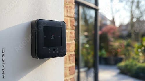 Modern smart home security system integrated at the entrance of a stylish home, featuring sleek design and ample natural light