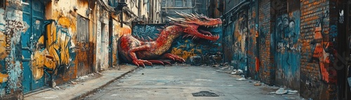 High-angle view of a hidden alley, a dragon lounging beside graffiti, surreal dreamscape photo