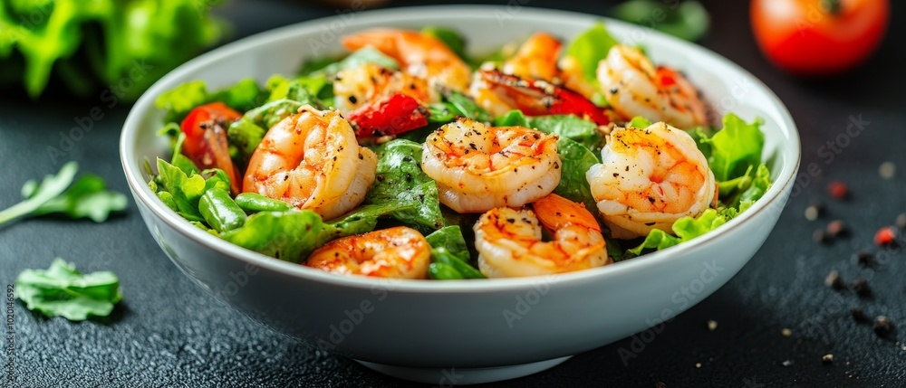 A vibrant bowl of fresh greens topped with grilled shrimp and cherry tomatoes captures the essence of healthy dining, perfect for a flavorful meal A vibrant bowl of fresh greens topped with grilled shrimp and cherry tomatoes captures the essence of healthy dining, perfect for a flavorful meal