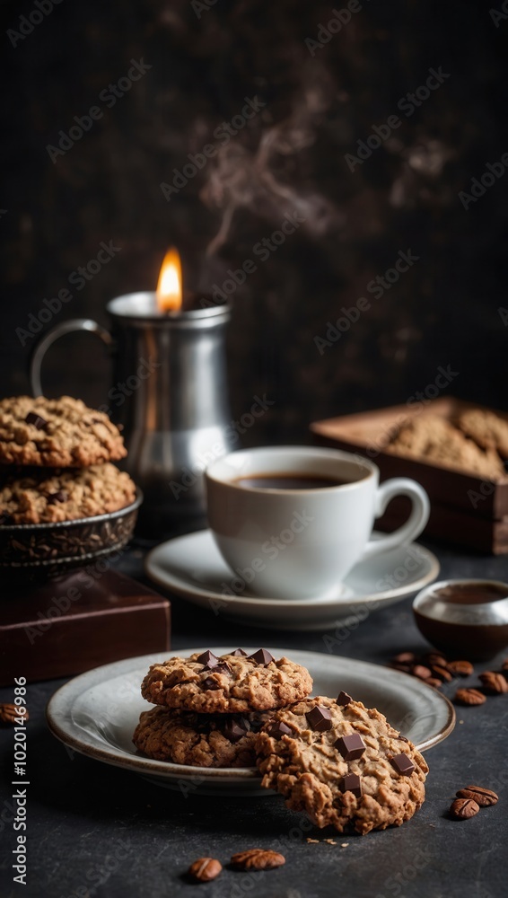 Close-up of cookies and coffee with cozy indoor setting and soft background Close-up of cookies and coffee with cozy indoor setting and soft background