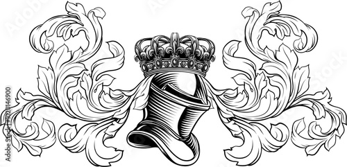 Coat of arms crest knight family medieval shield heraldry heraldic armorial motif. Featuring a knights helm helmet in a vintage etching engraving woodcut style