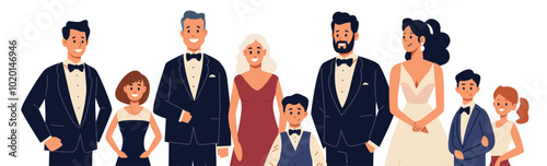 People in formal attire attending event diverse group elegant dresses suits smiling audience