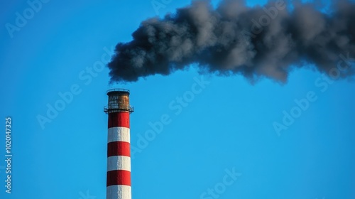 Industrial smokestack with red-white stripes, dark smoke plumes rising high against a clear blue sky