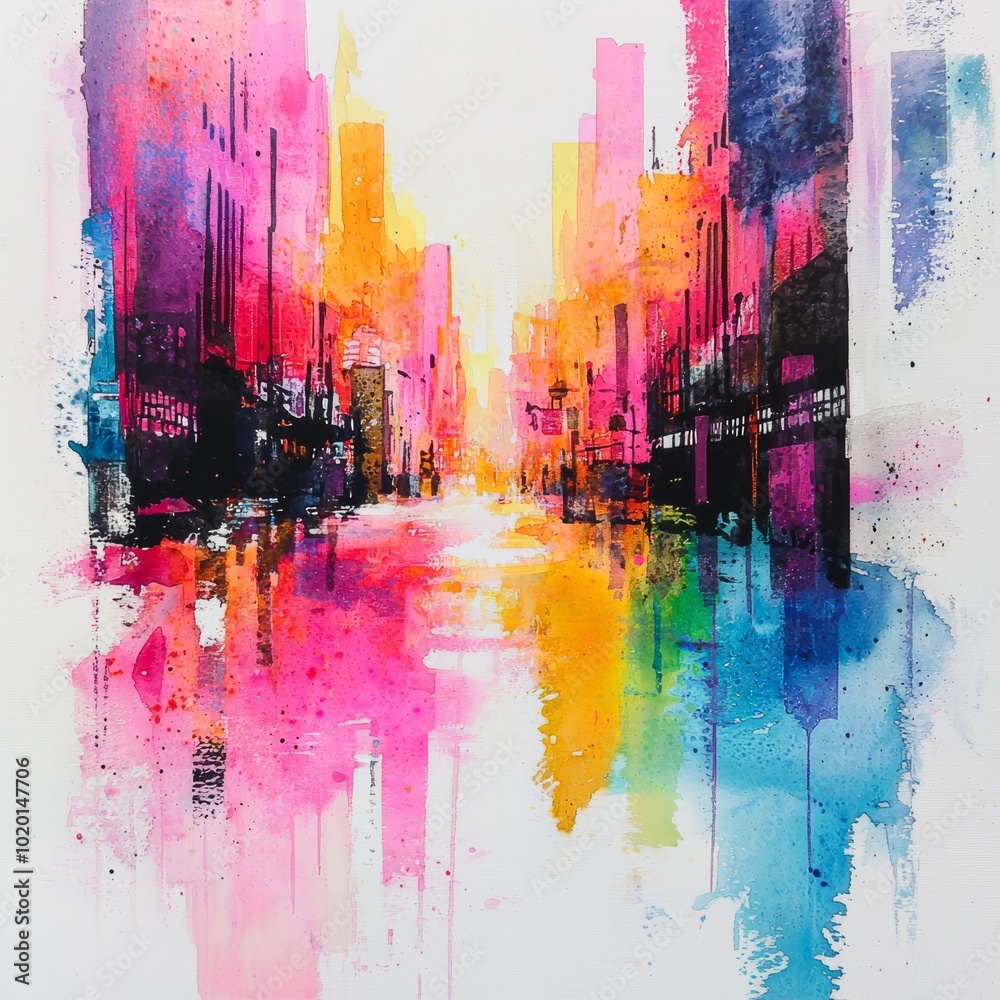 Watercolor painting of a neon city with glowing signs and buildings melting into bright pools of color, on isolated white background Watercolor painting of a neon city with glowing signs and buildings melting into bright pools of color, on isolated white background