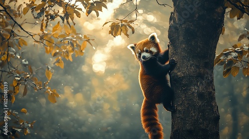 Red Panda climbing a tree in the foggy forests of Nepal photo