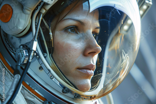 Serious woman in astronaut suit with helmet photo