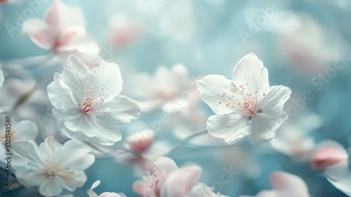 Light blue background with white flowers and pink petals in a delicate arrangement, giving a soft and graceful appearance