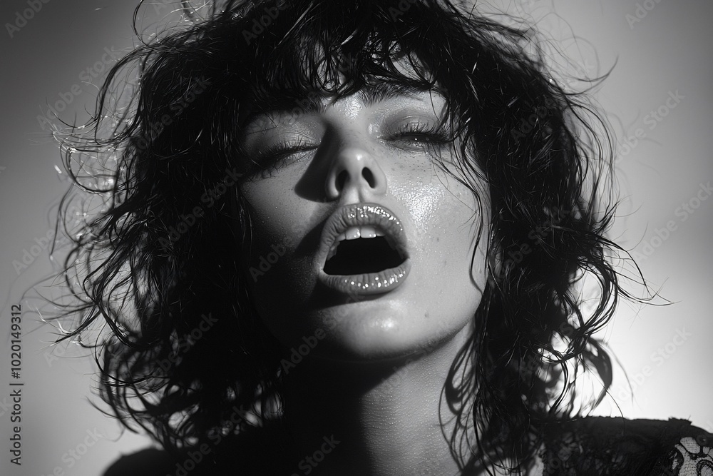 Fototapeta premium A powerful close-up of a young woman screaming, symbolizing raw emotion and mental health struggles, ideal for Mental Health Day campaigns, awareness events, and therapy promotes.
