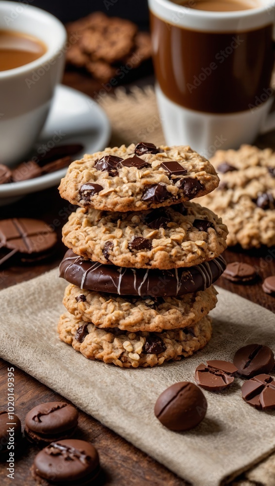 Chocolate chip cookie sandwich with melted chocolate and coffee on rustic table Chocolate chip cookie sandwich with melted chocolate and coffee on rustic table