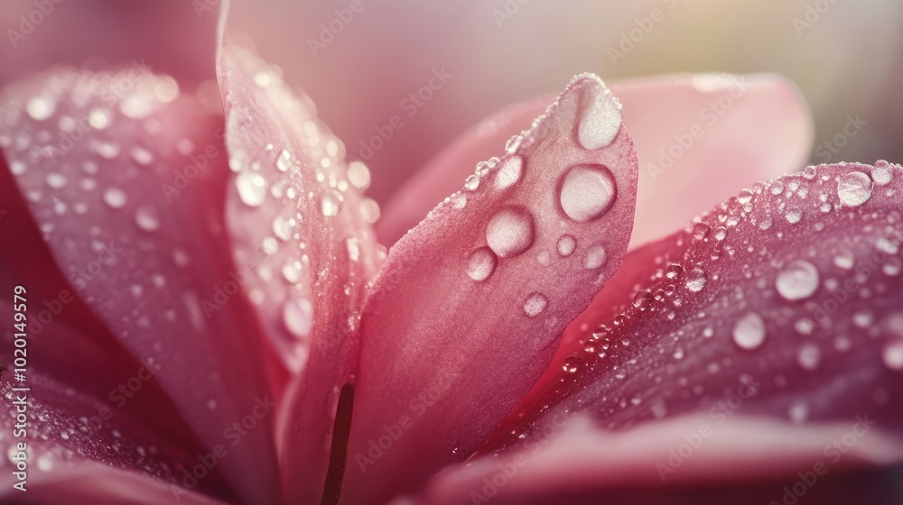 Macro shot of fresh water drops on delicate pink flower petals, glistening in the morning light