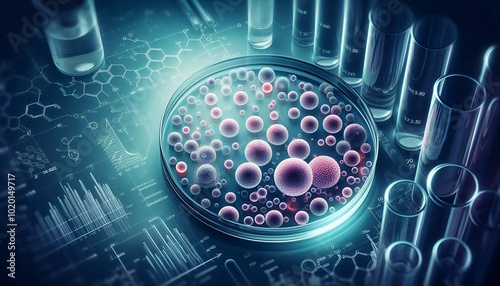 A high-tech visualization of cell cultures in a petri dish, surrounded by scientific graphs, chemical structures, and test tubes, representing biotechnology, microbiology, and scientific research.