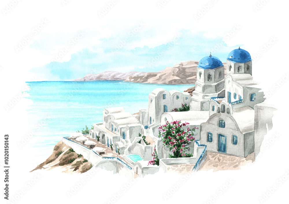 Obraz premium Santorini island, Mediterranean, Greece. View of Oia town and aegean sea. Hand-drawn watercolor illustration, isolated on white background