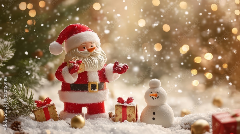 Festive christmas scene featuring a decorated christmas tree surrounded by colorful gift boxes, jolly santa claus holding presents, and a cheerful snowman in a winter wonderland of soft snowflakes, pe Festive christmas scene featuring a decorated christmas tree surrounded by colorful gift boxes, jolly santa claus holding presents, and a cheerful snowman in a winter wonderland of soft snowflakes, pe