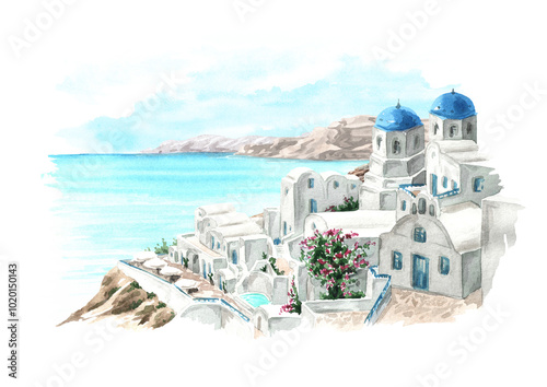 Santorini island, Mediterranean, Greece. View of Oia town and aegean sea. Hand-drawn watercolor illustration, isolated on white background