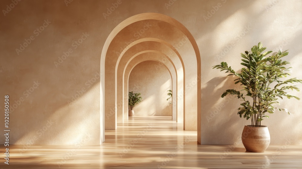 Fototapeta premium Minimalist Interior with Arched Hallway and a Plant in a Pot
