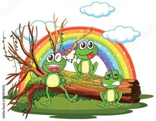 Happy Frogs Under Rainbow