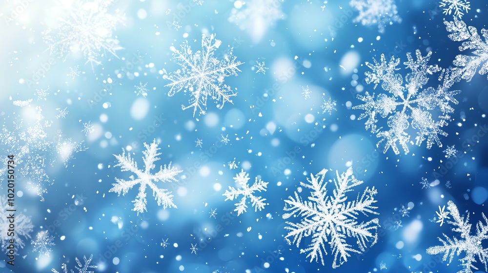 Snowflakes on a blue background, winter wonderland effect. Snowflakes on a blue background, winter wonderland effect.
