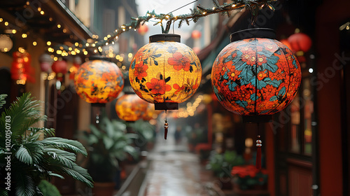 Beautiful paper lanterns floating in the air during January's festival of lights photo